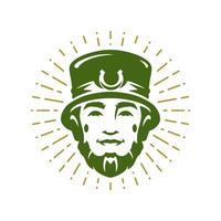 Saint Patrick's Day leprechaun portrait in hat with horseshoe smiling male vintage icon vector flat