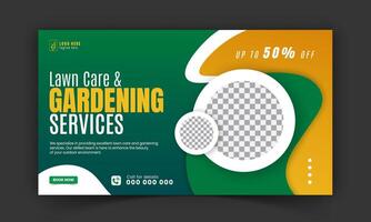 Organic food and agriculture service for stream thumbnail design, modern lawn mower garden, or landscaping service social media cover or post template with abstract green and yellow color shapes vector