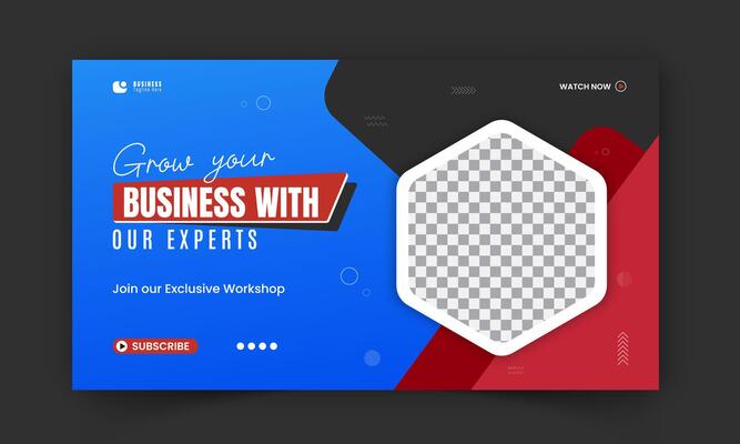 Modern and business workshop promotion thumbnail design, editable corporate, creative gaming live stream social media cover, web banner template with red and blue color shapes