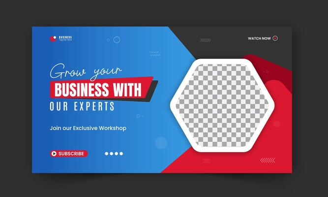 Modern and business workshop promotion YouTube thumbnail design, editable corporate, creative YouTube live stream social media cover, web banner template with red and blue color shapes