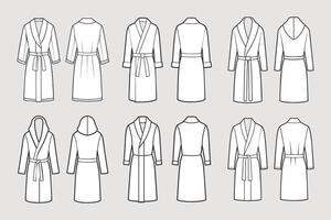 Set of bathrobes for men. Front and back views. Hand drawn illustration, sketch. vector