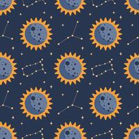 Seamless pattern, constellations, planet and solar eclipse Moon. Background for children, scrapbooking, children's room. vector