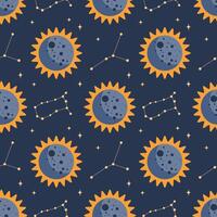 Seamless pattern, constellations, planet and solar eclipse Moon. Background for children, scrapbooking, children's room. vector