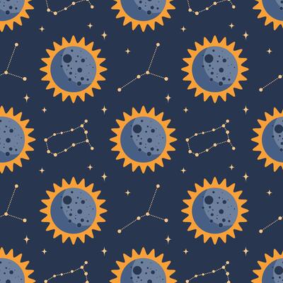 Seamless pattern, constellations, planet and solar eclipse Moon. Background for children, scrapbooking, children's room.