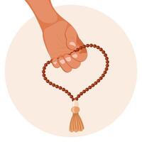 A hand holds a Muslim rosary on a white background. Illustration. vector