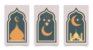 Collection of modern style Ramadan Mubarak greeting cards with retro Boho design. Windows and arches with moon, mosque dome and lanterns. Set of posters vector