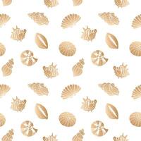Seamless pattern, hand drawn contour seashells in golden tones, background, print, textile vector