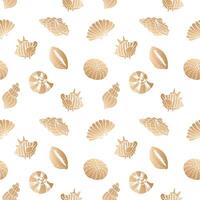 Seamless pattern, hand drawn contour seashells in golden tones, background, print, textile vector