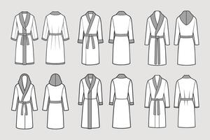 Set of bathrobes for men. Front and back views. Hand drawn illustration, sketch. vector