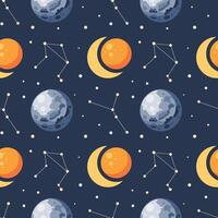 Seamless pattern, constellations, planet and solar eclipse Moon. Background for children, scrapbooking, children's room. vector