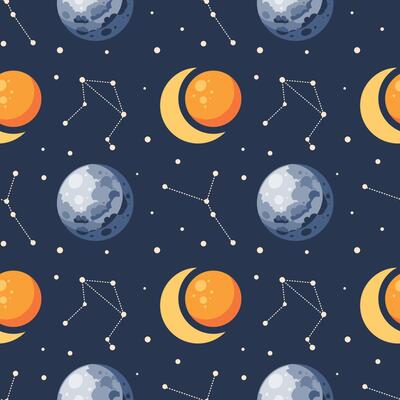 Seamless pattern, constellations, planet and solar eclipse Moon. Background for children, scrapbooking, children's room.