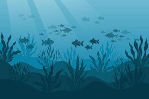 submarino Oceano paisaje, algas y arrecifes, silueta de un colegio de pez. fondo del mar antecedentes con Oceano flora y fauna, corales, siluetas de mar animales vector