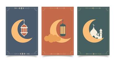 Collection of modern style Ramadan Mubarak greeting cards with retro Boho design. Windows and arches with moon. Set of posters vector