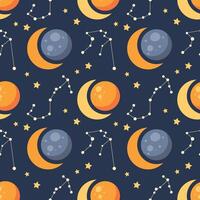 Seamless pattern, constellations, planet and solar eclipse Moon. Background for children, scrapbooking, children's room. vector