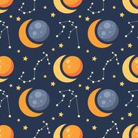 Seamless pattern, constellations, planet and solar eclipse Moon. Background for children, scrapbooking, children's room. vector