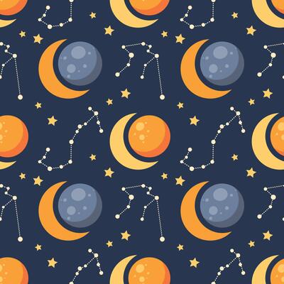 Seamless pattern, constellations, planet and solar eclipse Moon. Background for children, scrapbooking, children's room.