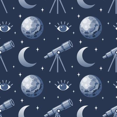 Seamless pattern, telescope, planet and solar eclipse Moon. Background for children, scrapbooking, children's room.