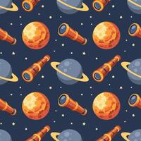 Seamless pattern, telescope, planet and solar eclipse Moon. Background for children, scrapbooking, children's room. vector