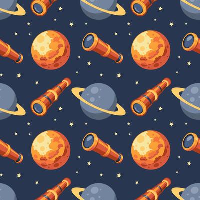 Seamless pattern, telescope, planet and solar eclipse Moon. Background for children, scrapbooking, children's room.