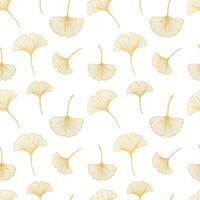 Seamless pattern, hand drawn contour leaves of ginkgo biloba in golden color, background, print, textile vector
