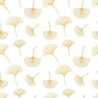 Seamless pattern, hand drawn contour leaves of ginkgo biloba in golden color, background, print, textile vector