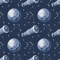 Seamless pattern, telescope, planet and solar eclipse Moon. Background for children, scrapbooking, children's room. vector