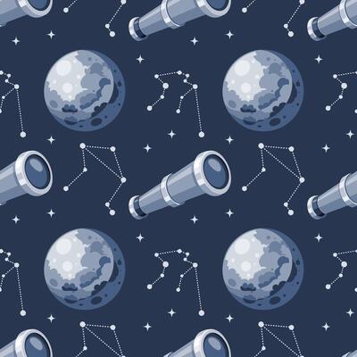 Seamless pattern, telescope, planet and solar eclipse Moon. Background for children, scrapbooking, children's room.