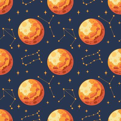 Seamless pattern, constellations, planet and solar eclipse Moon. Background for children, scrapbooking, children's room.