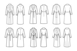 Set of bathrobes for women. Front and back views. Hand drawn illustration, sketch. vector