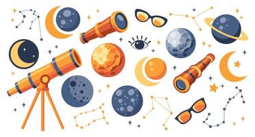 Solar eclipse set. Telescope, spyglass, planets, solar eclipse, moon, glasses. Cute illustration for kids education at school, stickers, scrapbooking, nursery room. vector