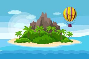 Seascape, idyllic paradise island with palm trees and mountains on the sea. Illustration, background vector