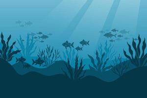 Underwater ocean landscape, algae and reefs, silhouette of a school of fish. Seabed background with ocean flora and fauna, corals, silhouettes of sea animals. vector