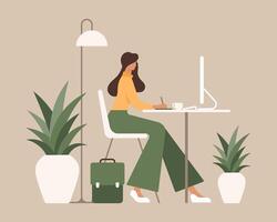 Home office concept, woman working at computer in home interior. Illustration, clipart vector