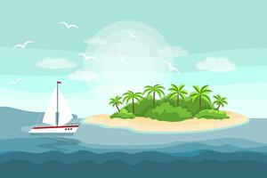 Seascape, idyllic paradise island with palm trees and mountains on the sea. Illustration, background vector