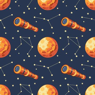Seamless pattern, telescope, planet and solar eclipse Moon. Background for children, scrapbooking, children's room.