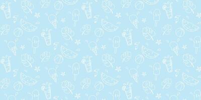 Summer. Hand drawn set of simple icons on blue background with summer elements. Collection of cartoon icons with one line in white color. vector