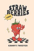 Retro 70's poster,graphic t shirt templates with strawberry cartoon character.Fun character. vector