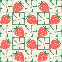Colorful seamless pattern. Vintage hippie style background. Geometric checkered print wallpaper, spring natural background texture with flowers and strawberries. illustration vector