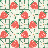 vistoso sin costura modelo. Clásico hippie estilo antecedentes. geométrico a cuadros impresión fondo de pantalla, primavera natural antecedentes textura con flores y fresas ilustración vector