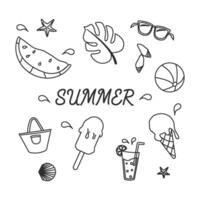 Hand drawn set of simple icons with summer elements. Collection of cartoon icons with one line. vector