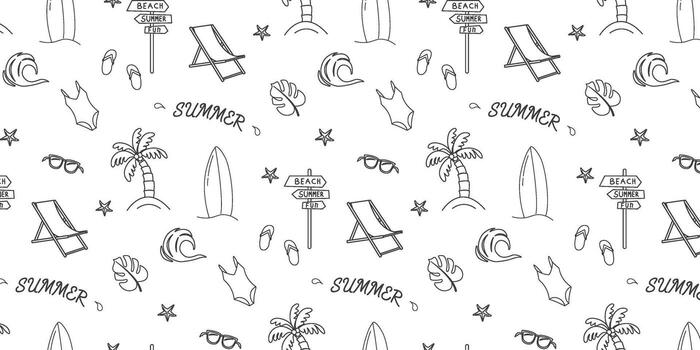 verano. mano dibujado conjunto de sencillo íconos en blanco antecedentes con verano elementos. colección de dibujos animados íconos con uno línea en oscuro color. vector