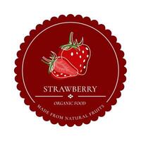 etiquette with strawberries on a round dark background. vector