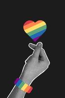 Trendy halftone collage on dark background. A hand holds an LGBT emblem in the shape of a heart. Gender, diversity, unity concept. flat illustration for poster, postcard, banner, sticker. vector