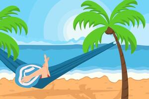 Tropical colorful summer beach,palm leaves,girl relaxing in hammock. Template for invitation, sale, poster, home decor, cover, wallpaper vector