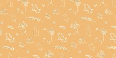 Summer. Hand drawn set of simple icons on orange background with summer elements. Collection of cartoon icons with one line in white color. vector