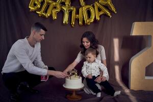 father lights candles on his son's second birthday cake photo