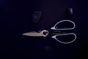 kitchen scissors with a jagged blade on a black background photo