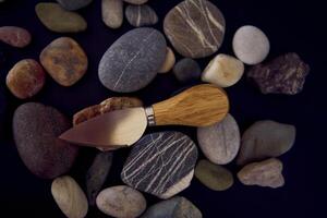 fish and cheese knife with a wooden handle on a black background with sea pebbles photo