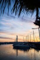 barcos, veleros en el puerto a puesta de sol foto