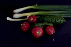 the first spring vegetables on a black background, green onion, radish, cucumber photo